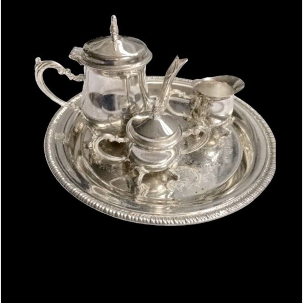 VTG Silver Plate Small 4 piece Coffee Set Teapot Creamer Sugar Bowls  & Tray
